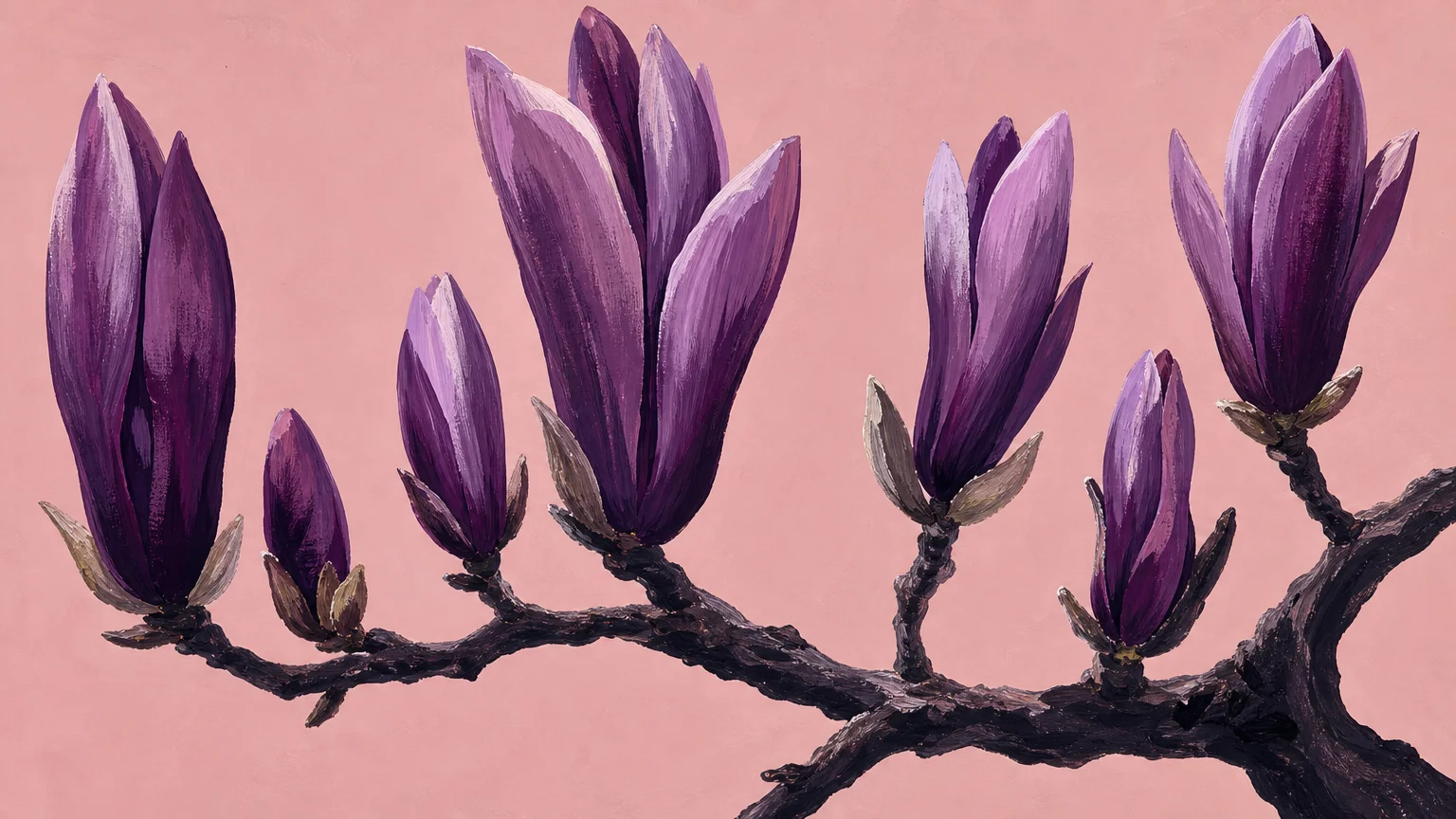 A stylized gouache illustration of upright, dark purple Lily Magnolia flower buds on a woody branch.