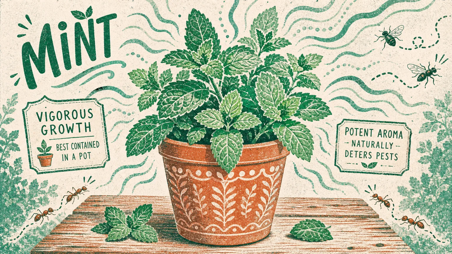 A stylized risograph print of a mint plant in a pot, with visual scent waves driving away small insects.
