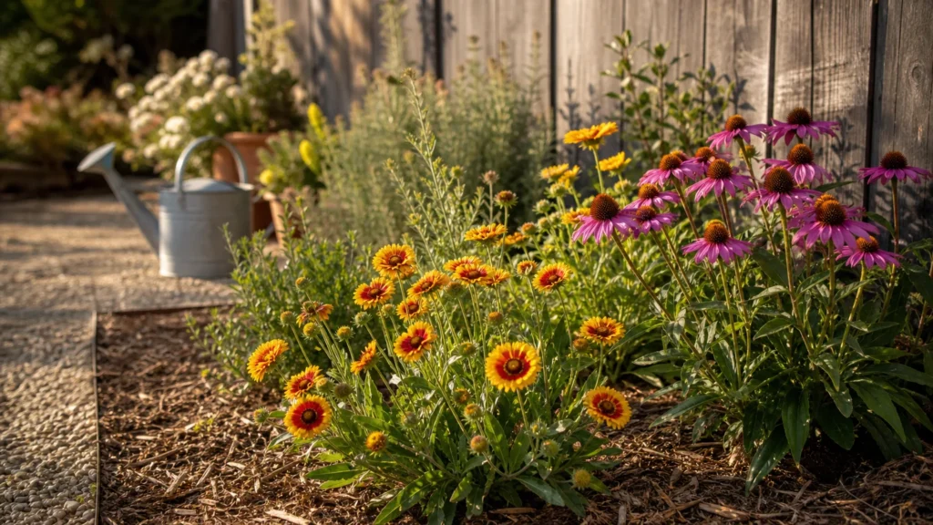 A sun-drenched home garden filled with blooming yellow blanket flowers and purple coneflowers thriving in dry, mulched soil.