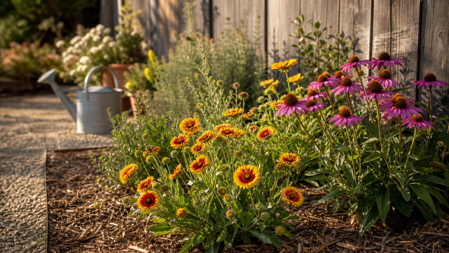 A sun-drenched home garden filled with blooming yellow blanket flowers and purple coneflowers thriving in dry, mulched soil.
