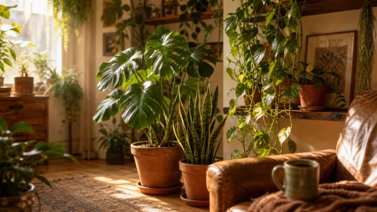 A sunlit living room filled with lush houseplants including a Monstera, Snake Plant, and trailing Pothos near a leather armchair.