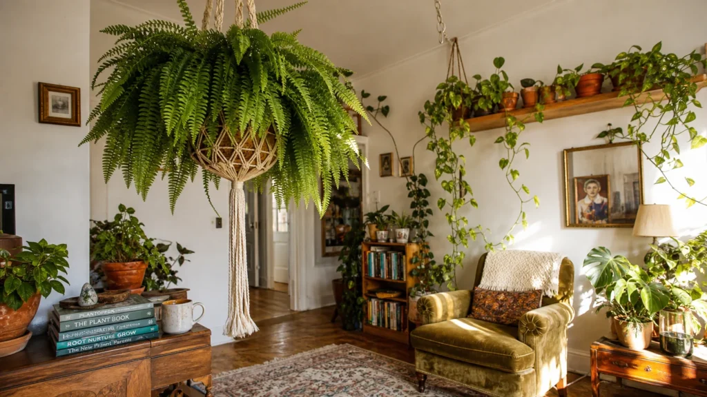 A sunlit living room filled with various hanging indoor plants like ferns and pothos, creating a lush indoor sanctuary.