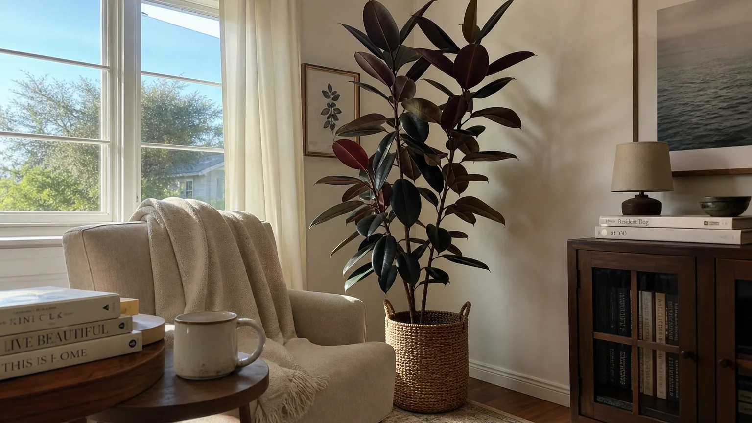 A tall Burgundy Rubber Tree in a woven basket standing in a cozy, sunlit living room corner next to an armchair.