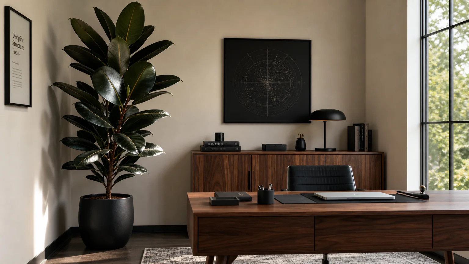 A tall, elegant rubber tree with dark green leaves in a minimalist black pot inside a structured home office.