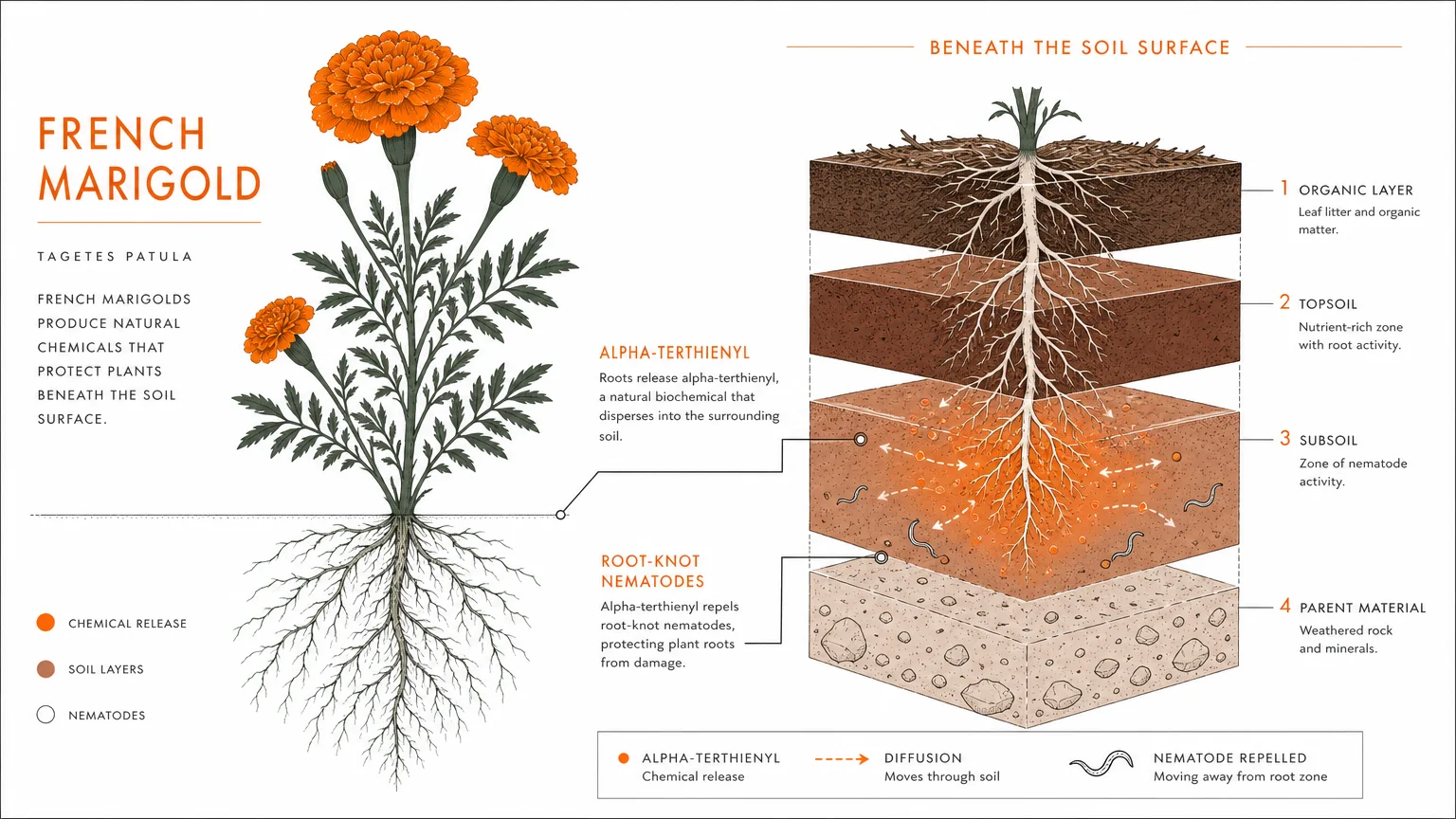 A technical diagram showing a marigold plant above ground and its roots releasing alpha-terthienyl to repel nematodes underground.