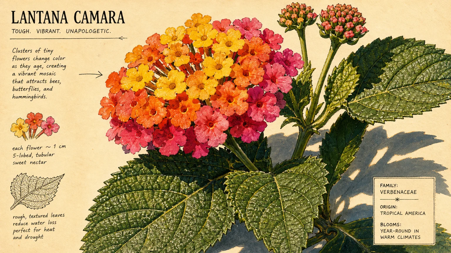 A textured gouache illustration of multi-colored Lantana flower clusters and rough green leaves on a cream background.