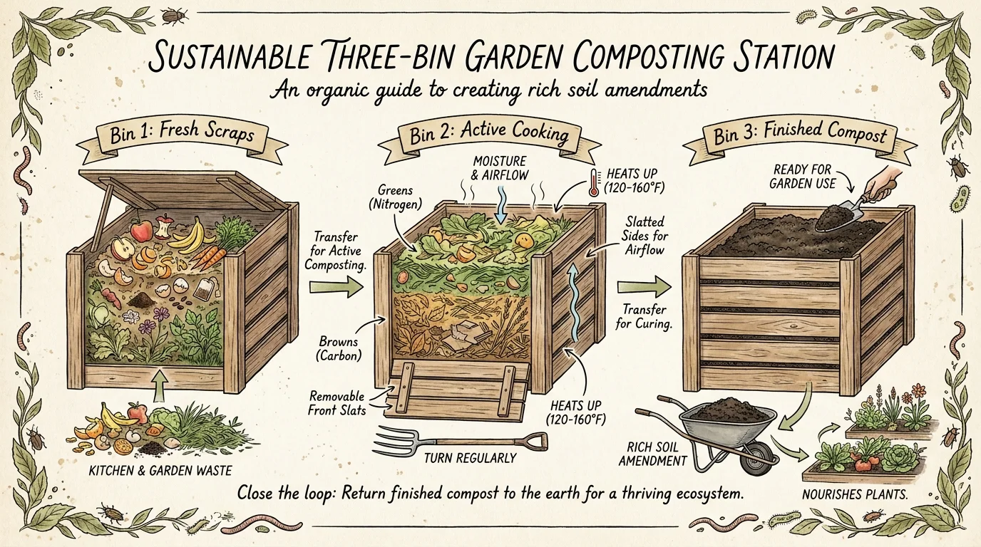 A three-part illustrated diagram showing the progression of compost across three wooden bins, with clear handwritten labels.