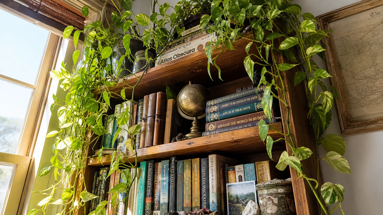 A vibrant golden pothos plant with long trailing vines cascading down a rustic wooden bookshelf next to a brass globe.