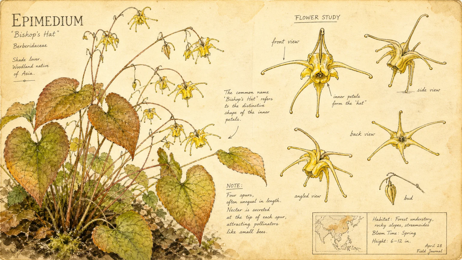 A vintage-style botanical sketch of Epimedium showing its unique spurred yellow flowers and bronze-edged leaves.