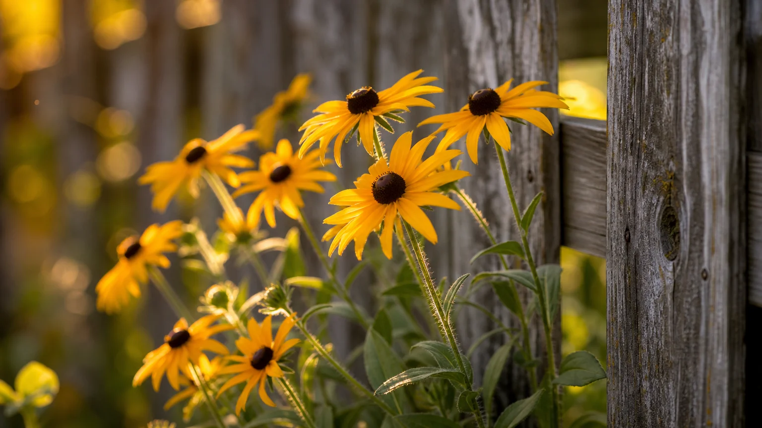 A warm, backlit photograph of golden Black-Eyed Susans blooming against a rustic grey wooden fence.