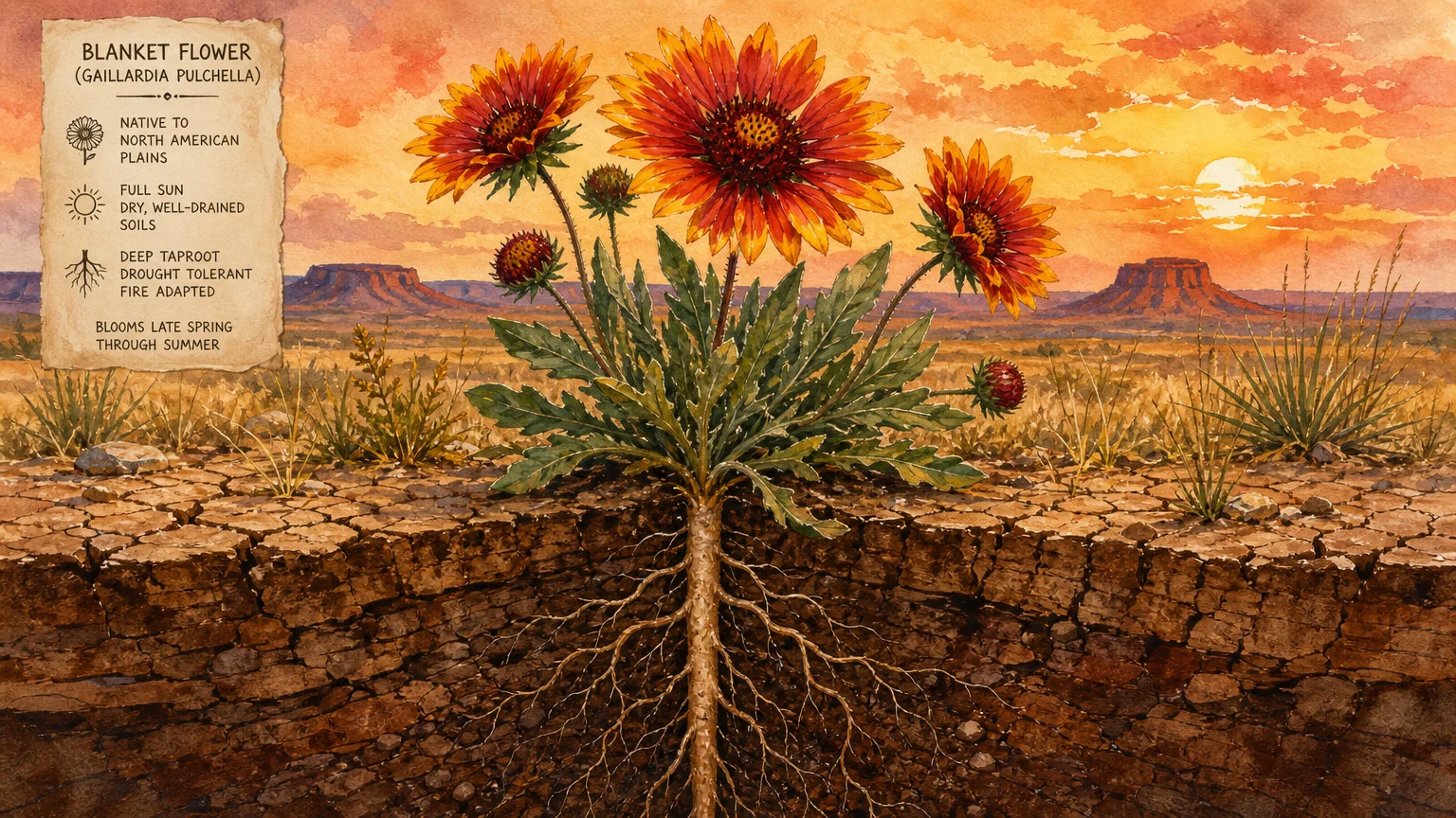 A warm gouache illustration of a fiery red and yellow Blanket Flower with a deep root system penetrating cracked, dry soil.