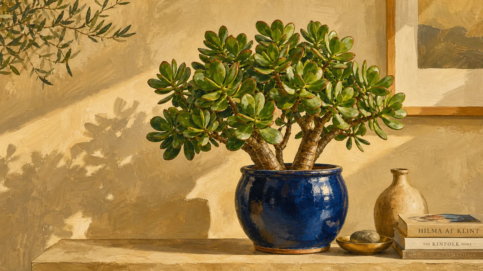 A warm gouache illustration of a glossy green jade plant in a deep blue ceramic pot, bathed in soft afternoon light.