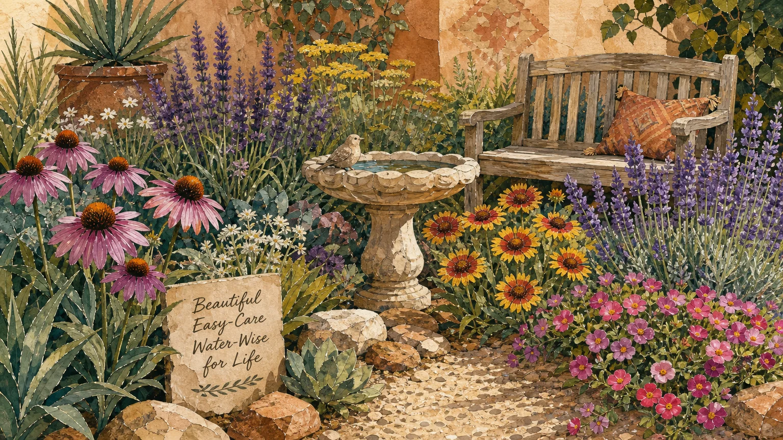 A warm gouache illustration of a lush, water-wise backyard garden featuring various colorful, drought-tolerant flowers and a stone path.
