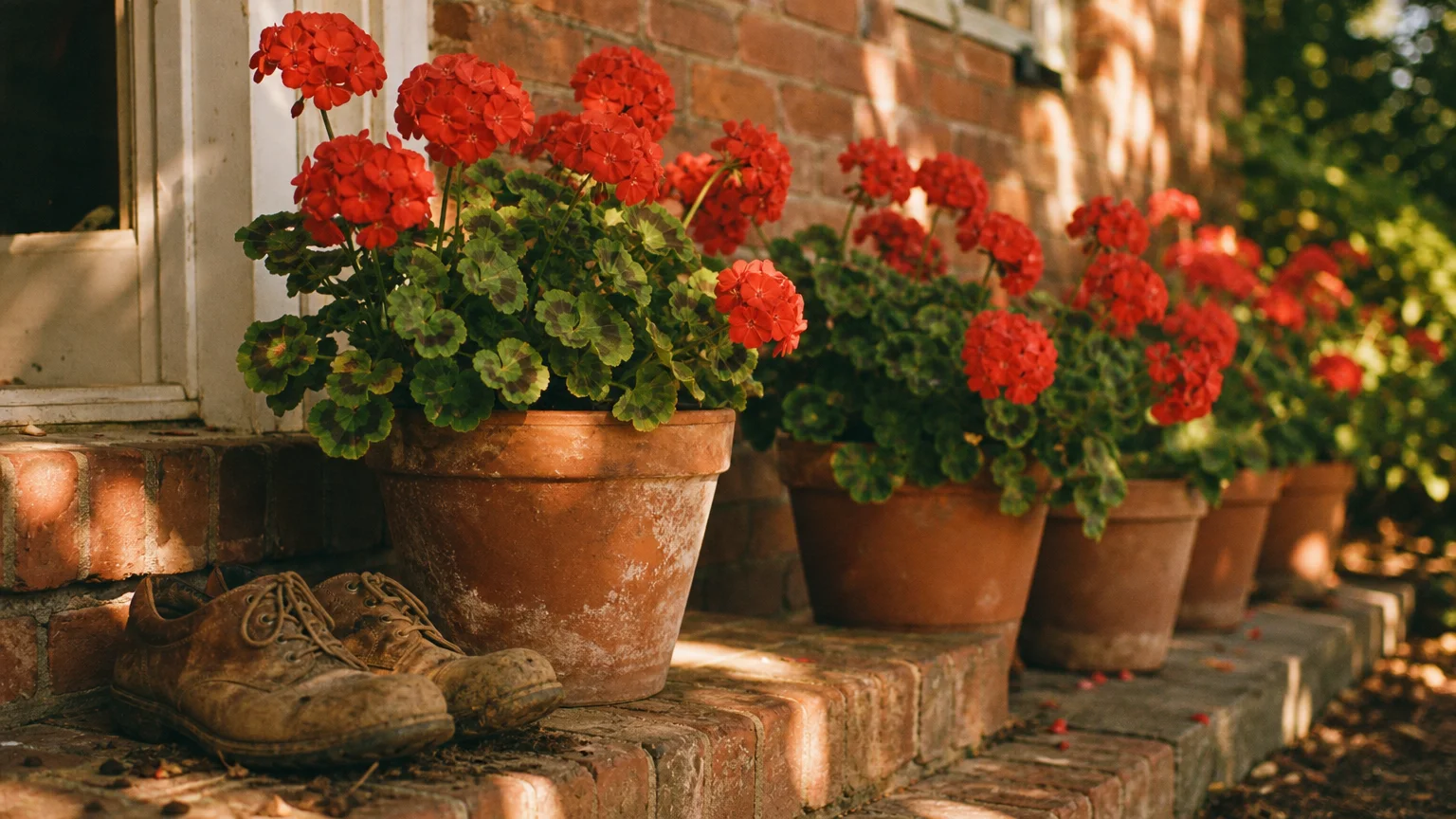 A warm, nostalgic film photograph of potted red geraniums sitting on rustic brick steps next to gardening shoes.