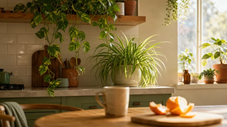 A warm, sunlit kitchen filled with thriving potted houseplants, including trailing pothos and a spider plant on the counter.
