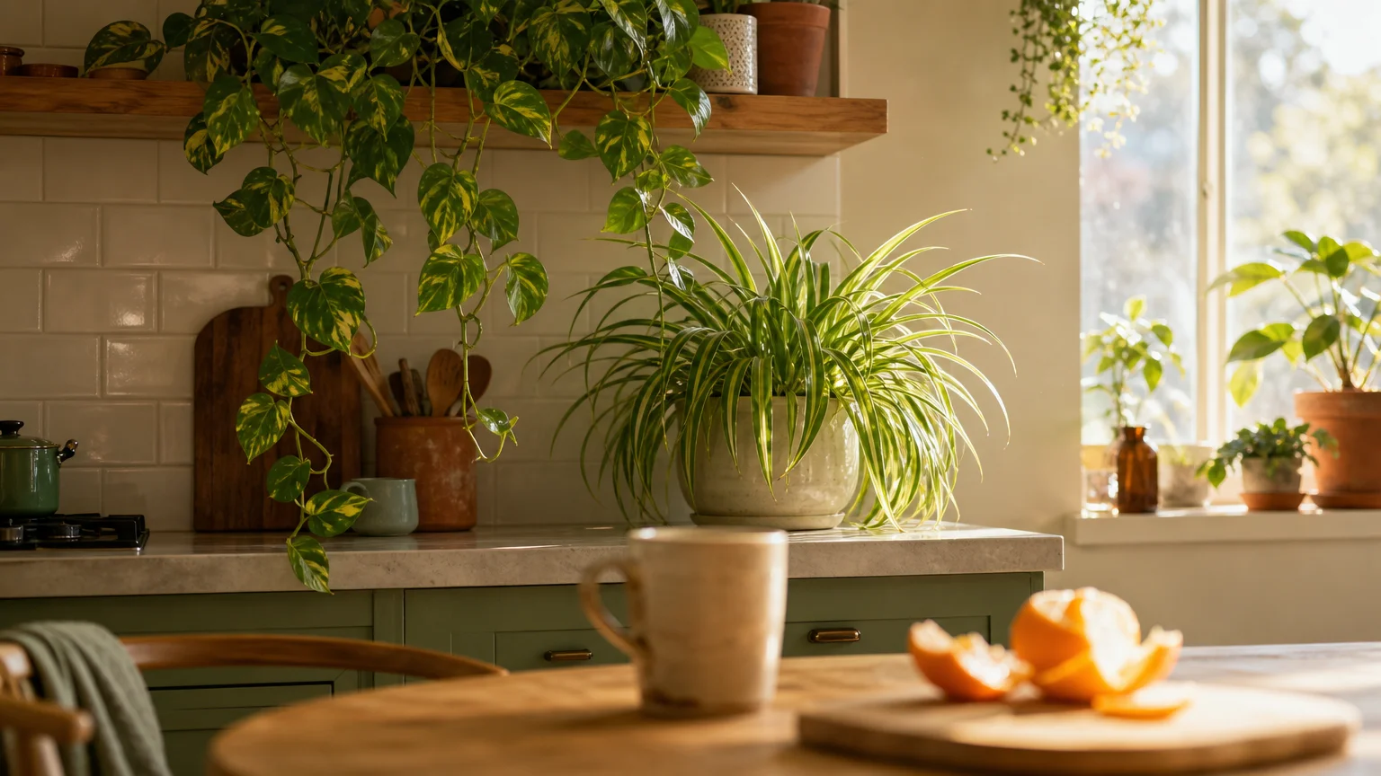 A warm, sunlit kitchen filled with thriving potted houseplants, including trailing pothos and a spider plant on the counter.