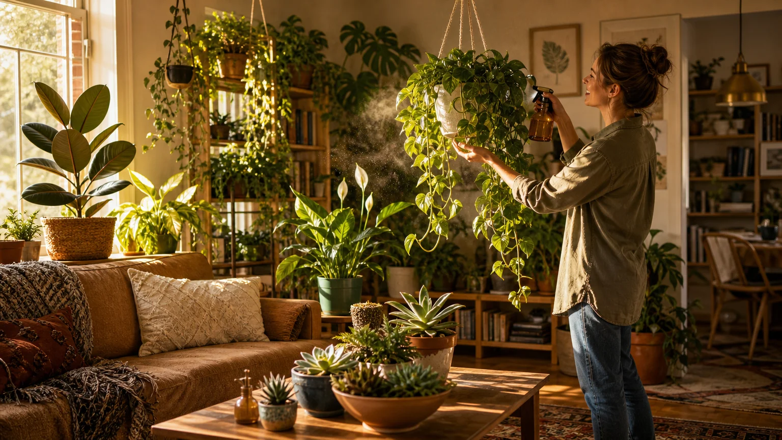 A warm, sunlit living room filled with a diverse collection of healthy houseplants, with a gardener gently tending to them.