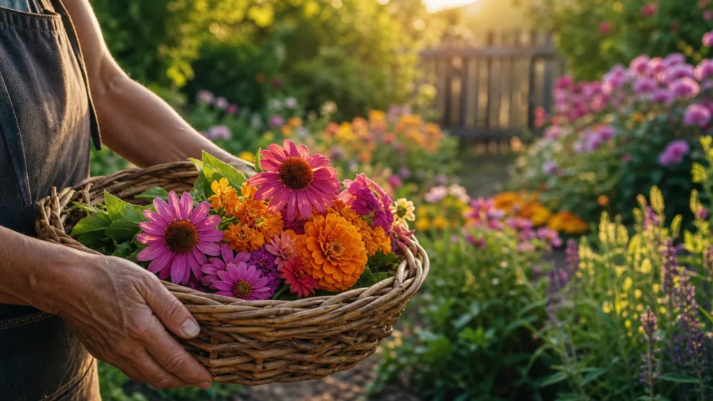 A warm, sunlit photograph of a gardener's hands holding a wooden basket filled with colorful freshly cut summer flowers.
