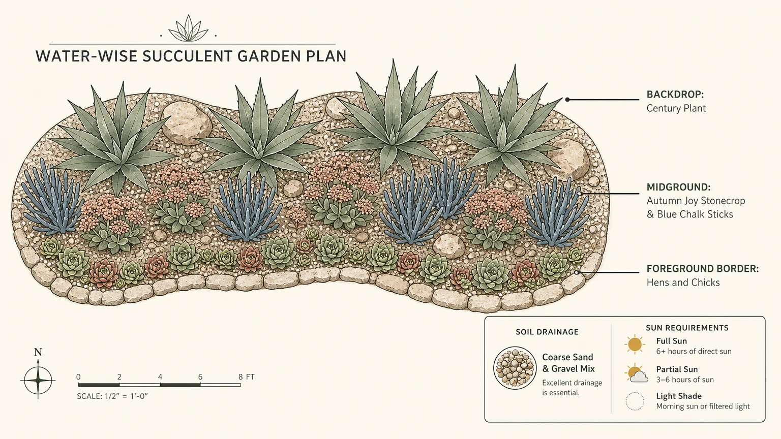 A water-wise succulent garden design plan diagram, showing where to plant Century Plant, Blue Chalk Sticks, and Hens and Chicks.