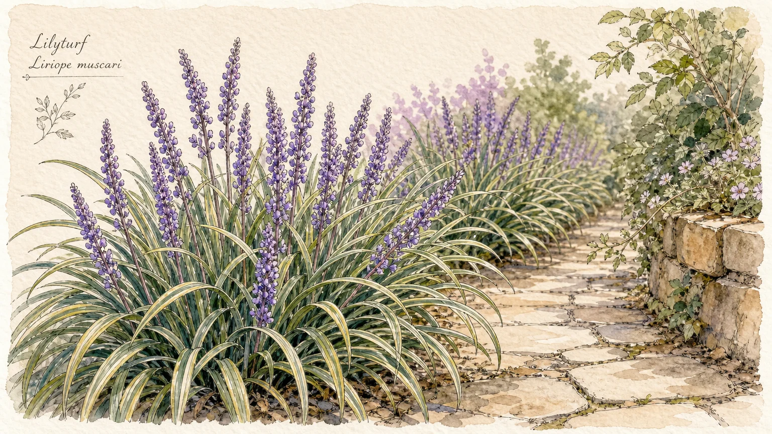 A watercolor and ink drawing of lilyturf plants with grass-like leaves and purple flower spikes bordering a stone path.