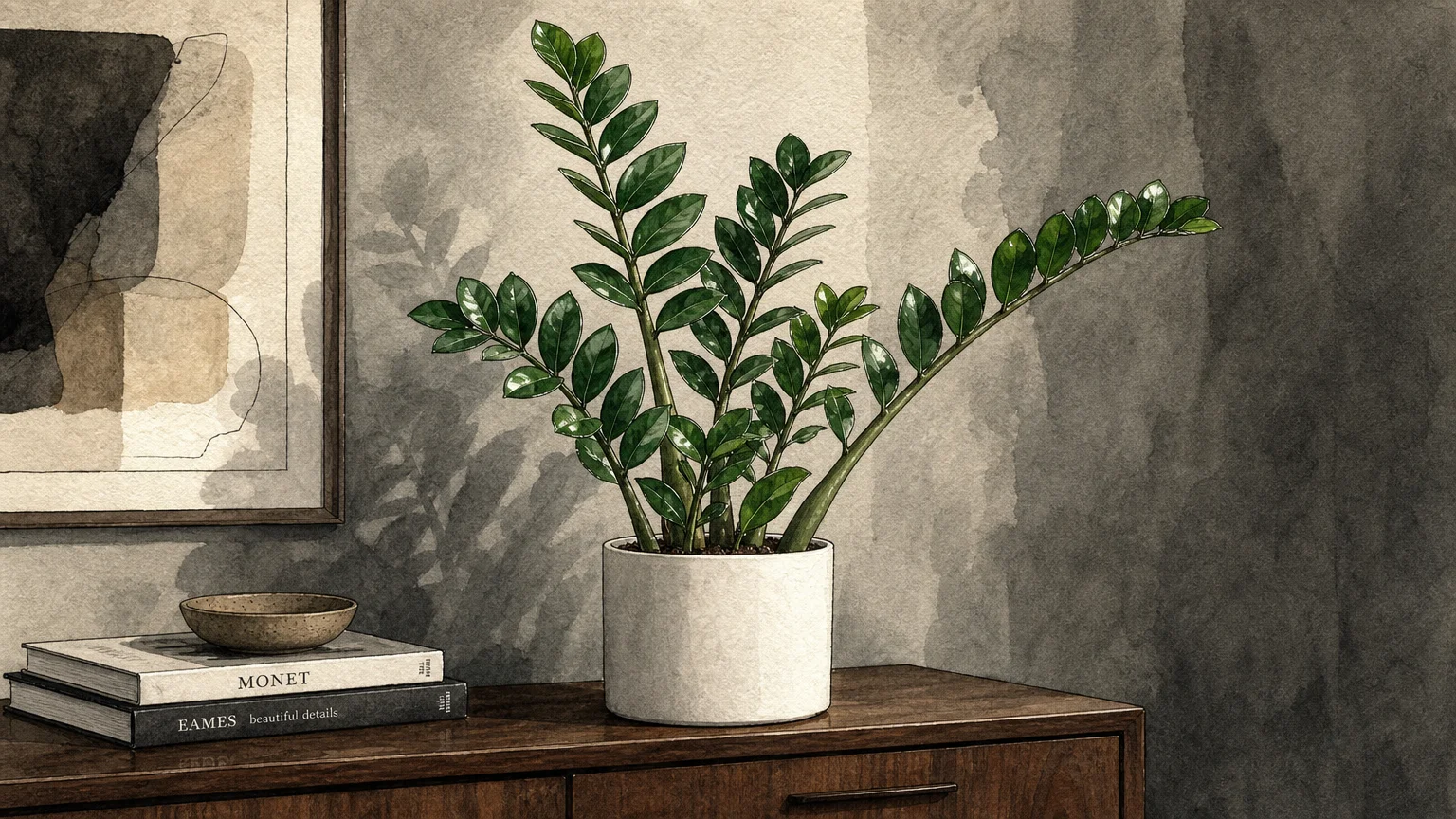 A watercolor and ink illustration of a glossy, dark green ZZ plant in a white ceramic pot resting on a wooden credenza.