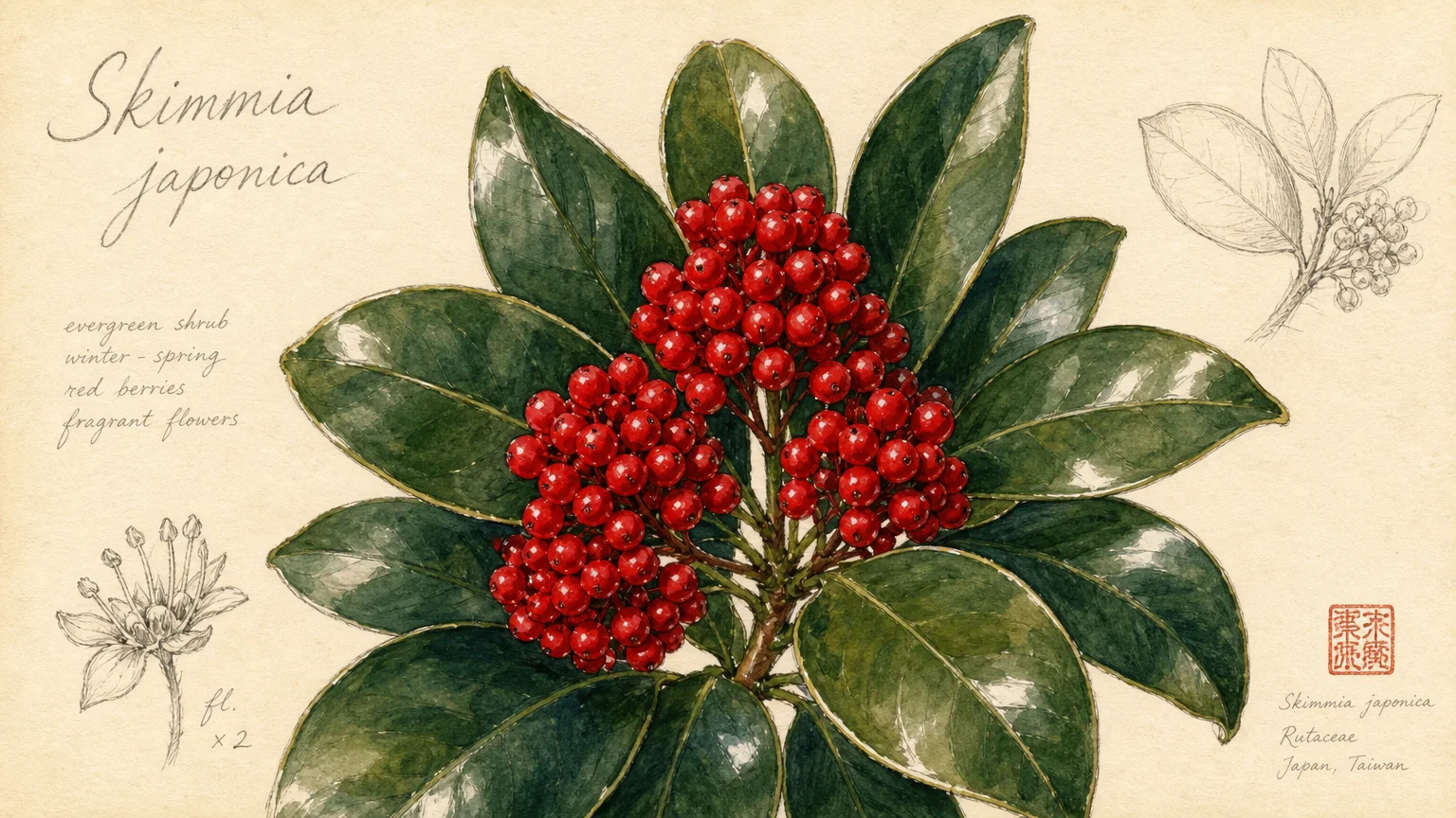 A watercolor drawing of Japanese skimmia with thick green leaves and cluster of bright red winter berries.
