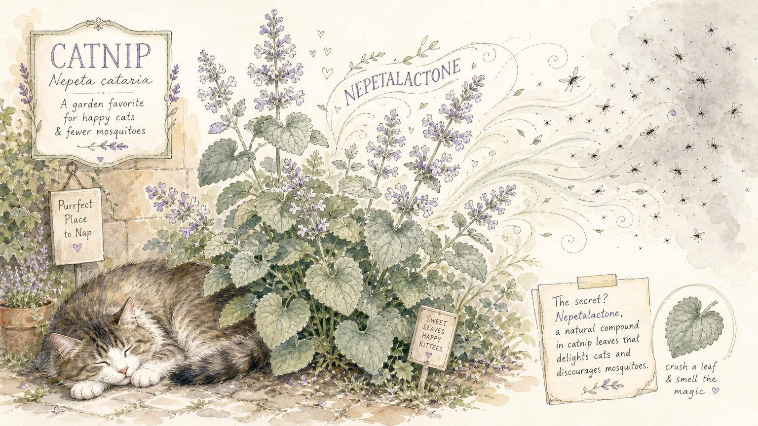 A watercolor illustration of a cat sleeping peacefully next to a catnip plant while mosquitoes stay far away.