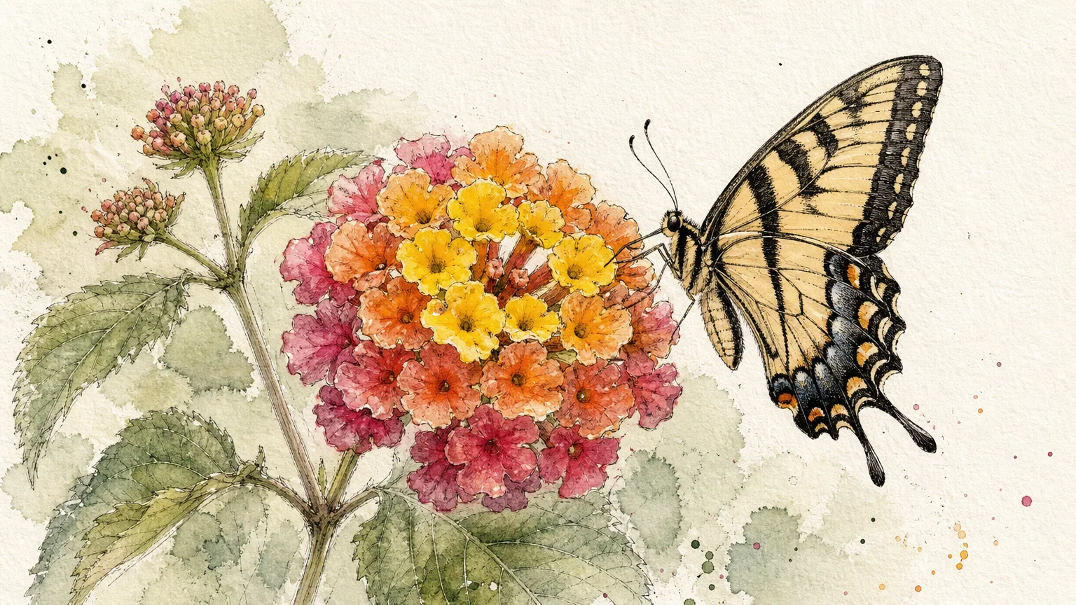 A watercolor illustration of a multi-colored Lantana flower cluster with a yellow swallowtail butterfly perched on it.