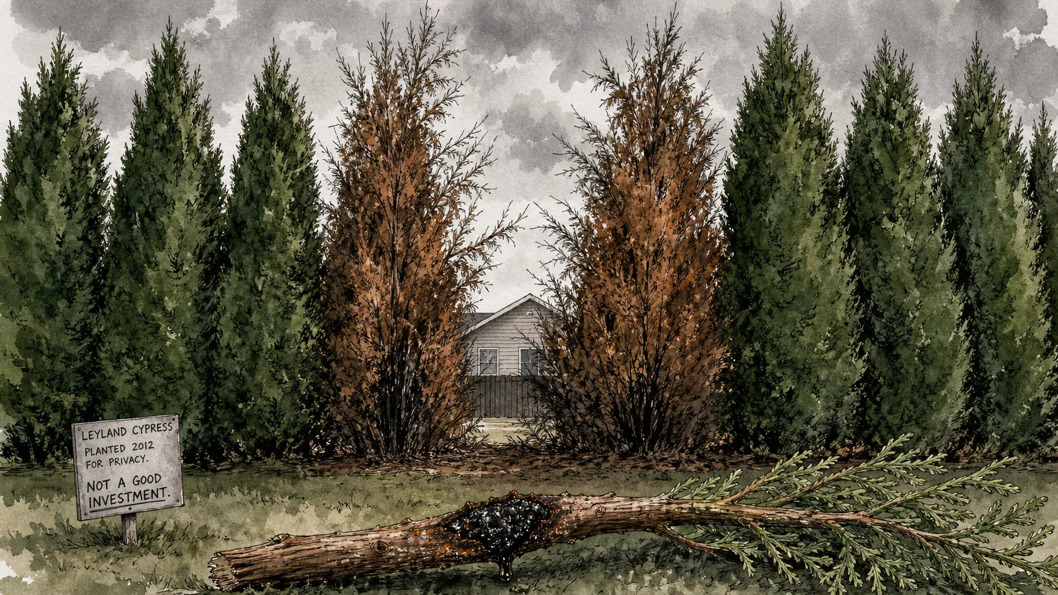 A watercolor illustration of a row of cypress trees with several brown, dying trees in the middle.