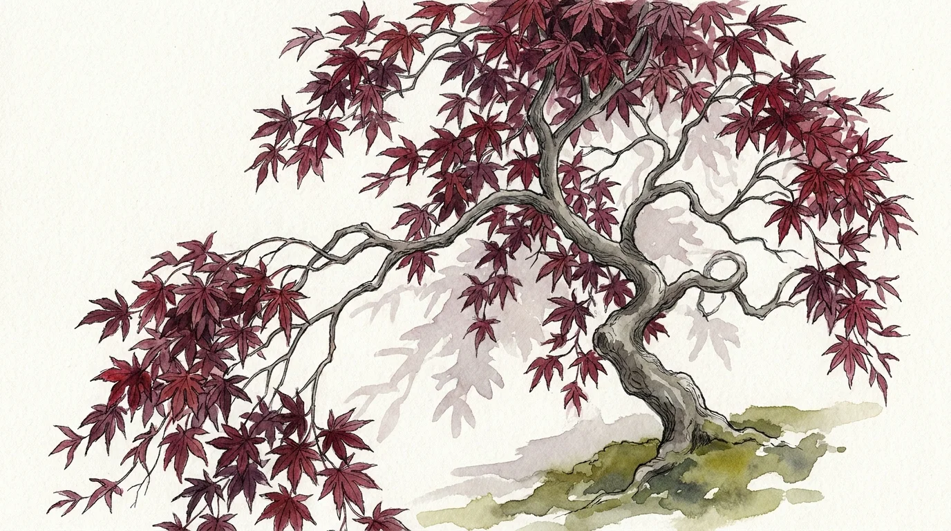 A watercolor illustration of a sculptural Japanese Maple with deep burgundy leaves and elegant, winding branches.