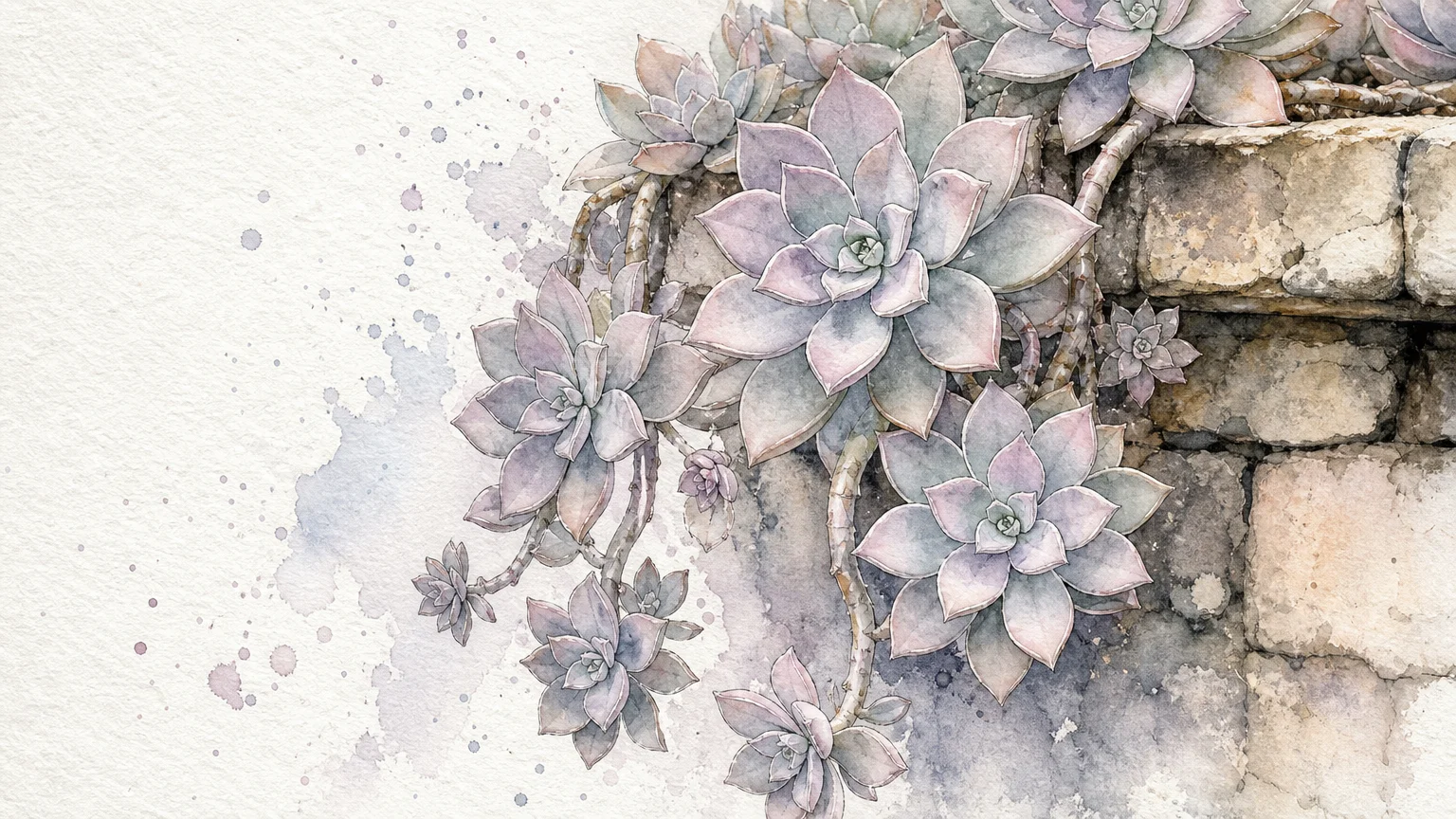 A watercolor illustration of Ghost Plant rosettes cascading downwards in shades of pale pink, lavender, and grey.