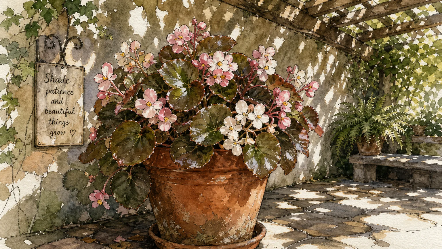 A watercolor illustration of pink begonias in a terracotta pot sitting in a shaded patio corner.