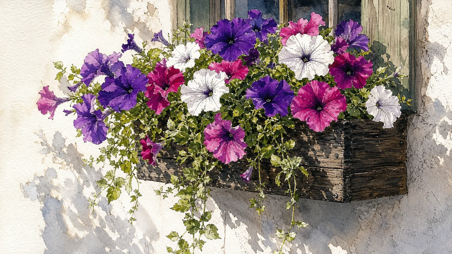 A watercolor illustration of purple and magenta petunias cascading over a dark wood window box.