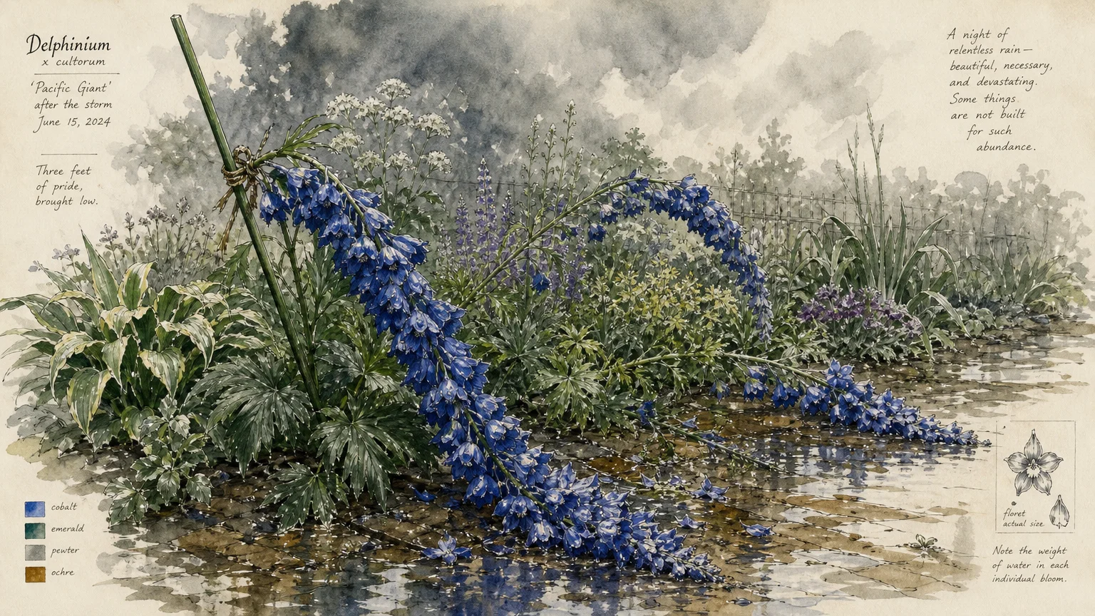A watercolor illustration of tall blue delphinium flowers snapped and leaning after a rainstorm.