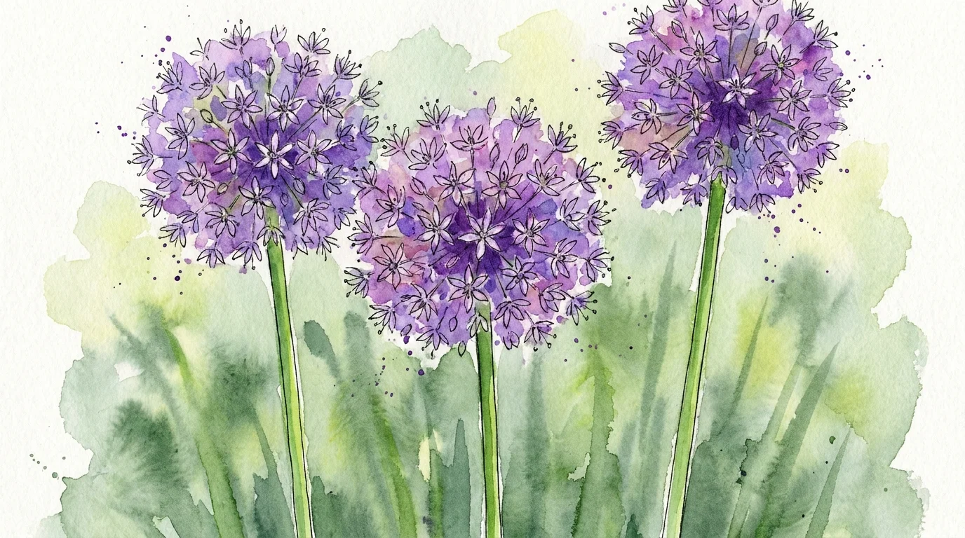 A watercolor illustration of tall, vibrant purple spherical allium flowers rising above green foliage.