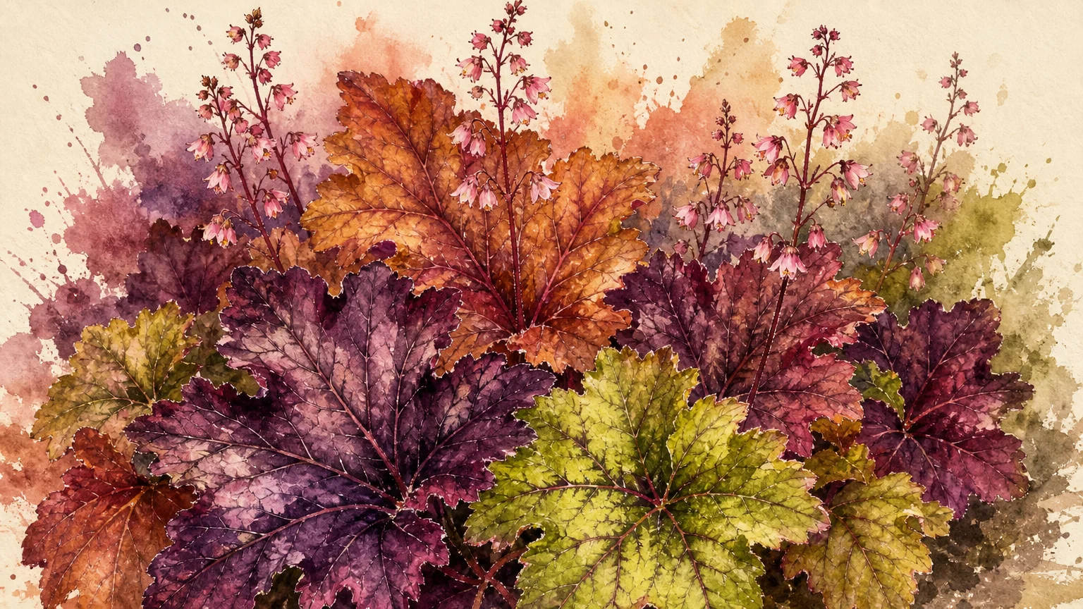 A watercolor illustration showcasing the richly colored leaves of coral bells in plum, amber, and green.