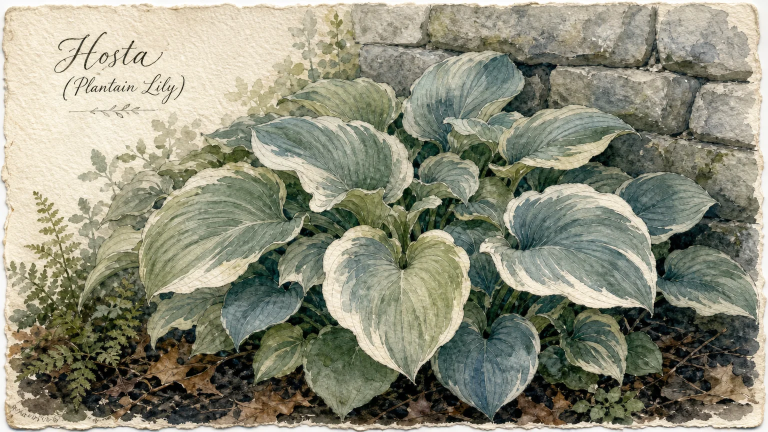 A watercolor painting of lush, variegated green and white hostas growing in a shaded garden bed.