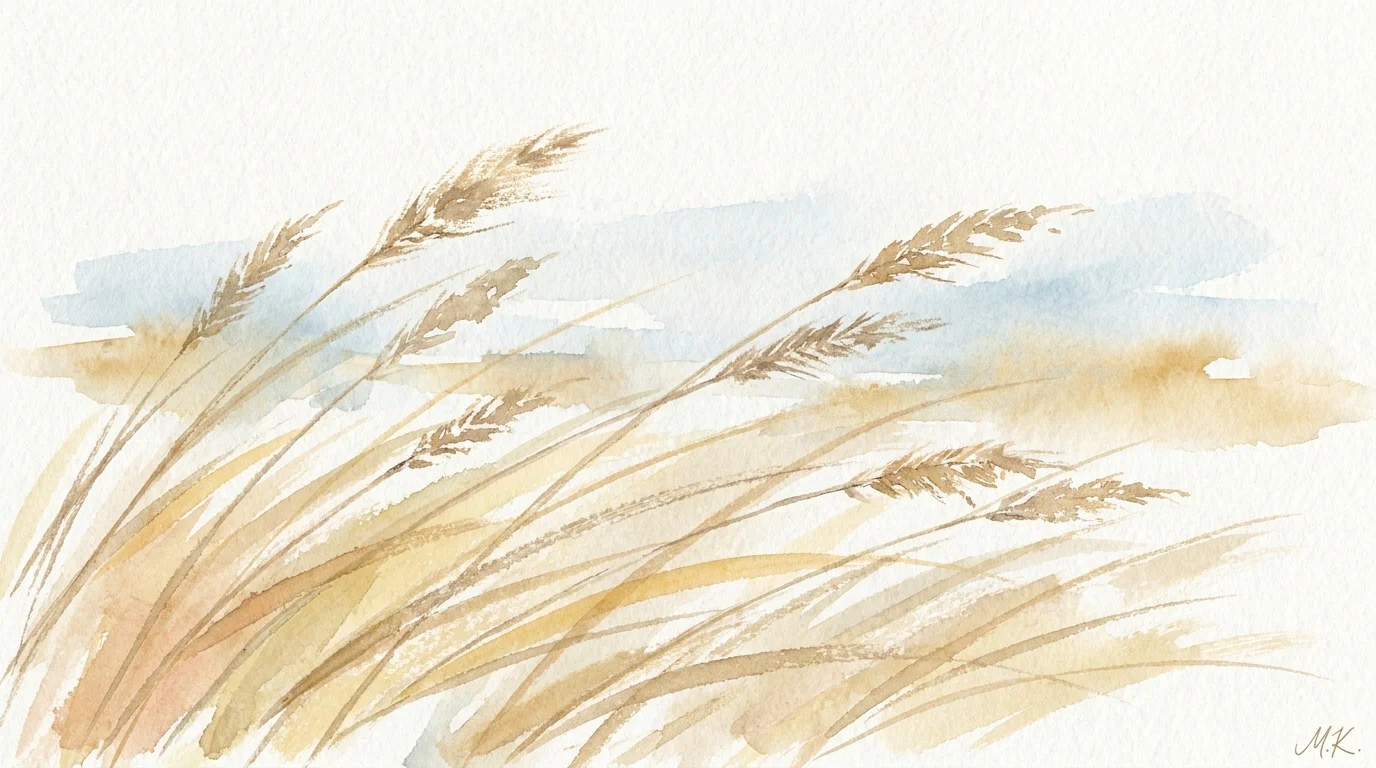 A watercolor painting of tall, golden feather reed grass swaying gracefully against a minimalist, warm background.