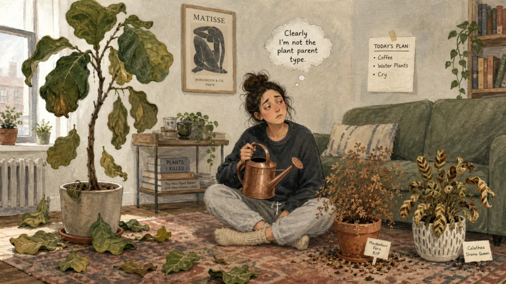 A whimsical gouache illustration of a tired woman sitting among her wilting houseplants in a cozy apartment living room.