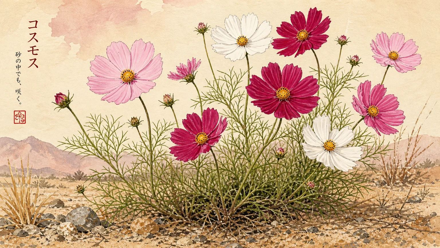 A whimsical gouache illustration of delicate pink and white Cosmos flowers rising from dry, sandy soil.