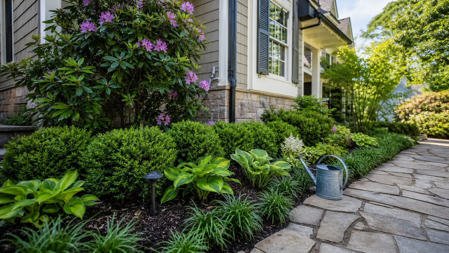 A wide shot of a completed, beautifully landscaped foundation garden bed wrapping around a cozy home.