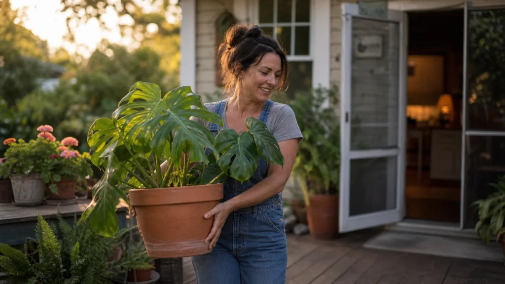 A woman carries a potted Monstera plant onto a warm, sunlit wooden patio surrounded by other lush green potted plants.