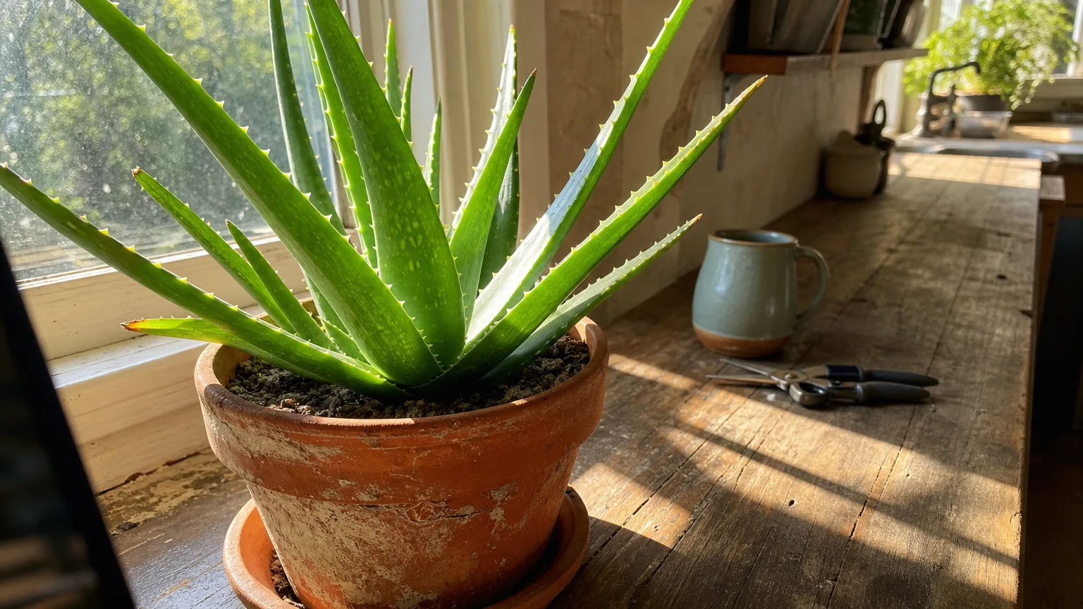An aloe vera plant in a terracotta pot on a sunny wooden kitchen windowsill, with bright sunlight streaming in from a window.