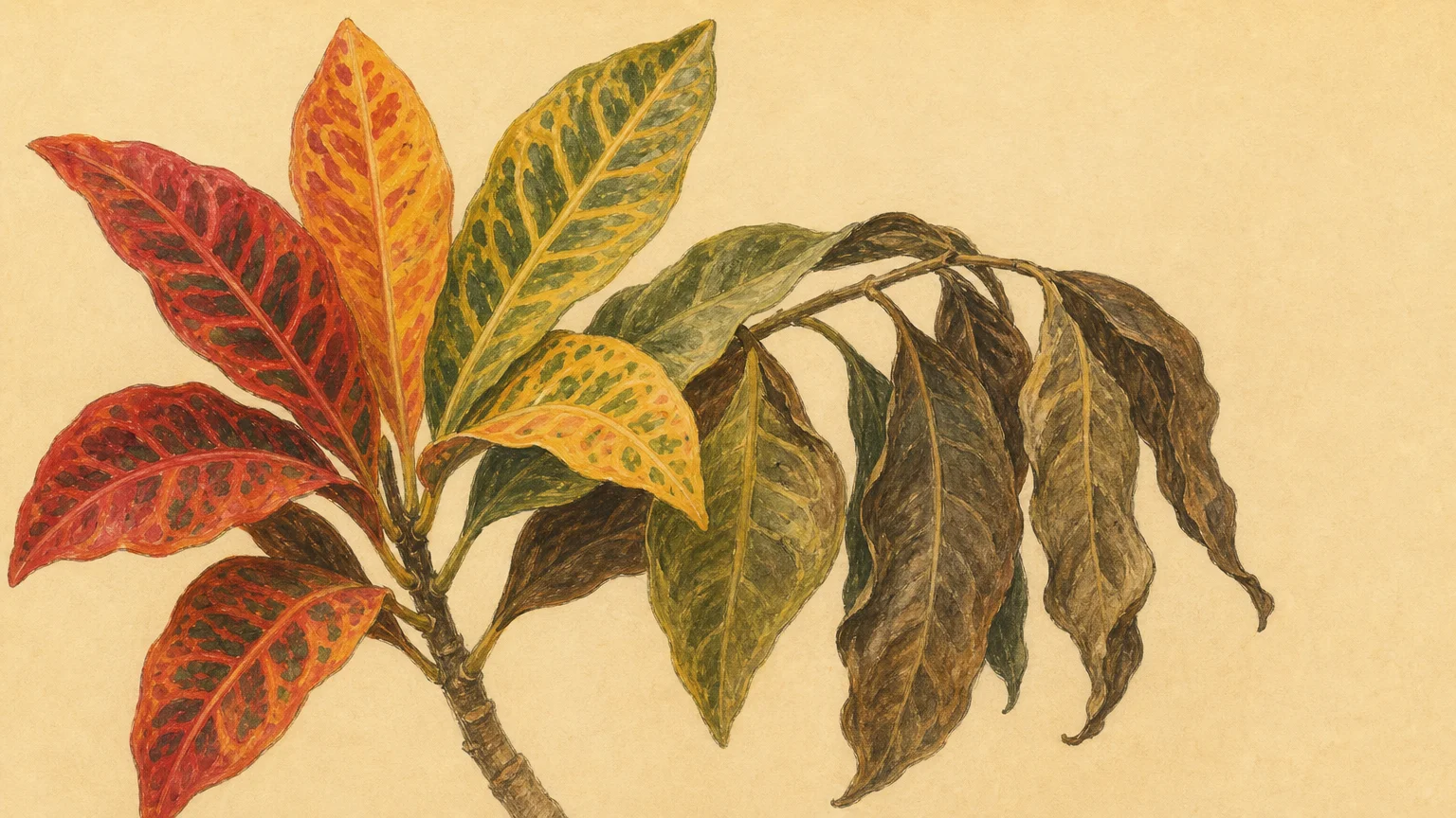 An artistic botanical illustration showing a Croton plant fading from bright red and yellow to dull, sad green leaves.