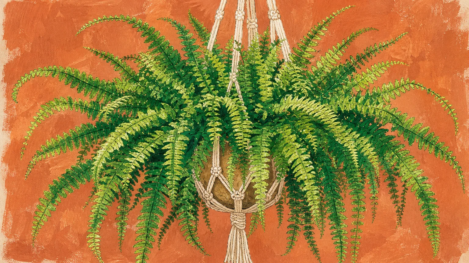 An artistic gouache illustration of a feathery green Boston fern hanging in a macrame holder against a terracotta wall.