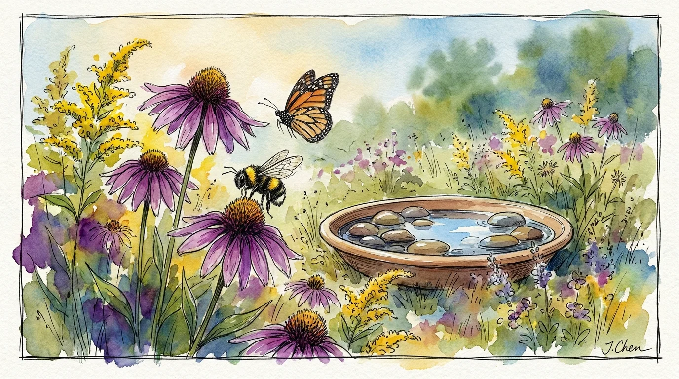 An artistic watercolor illustration of butterflies and bees visiting native wildflowers next to a shallow stone birdbath.