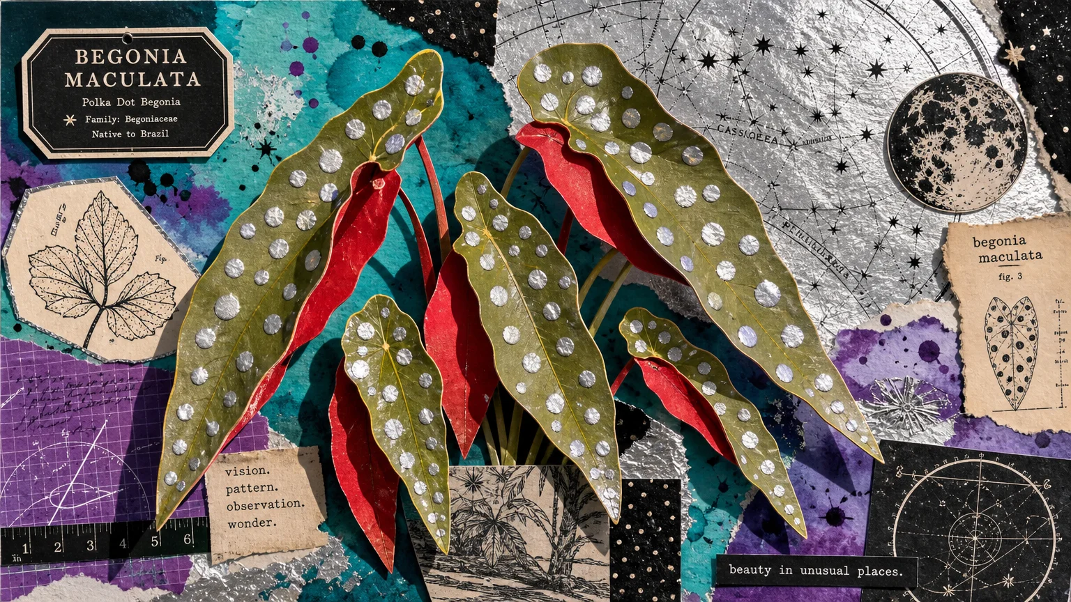 An eccentric collage of a polka-dotted Begonia Maculata plant with metallic silver star charts and colorful watercolor splashes.