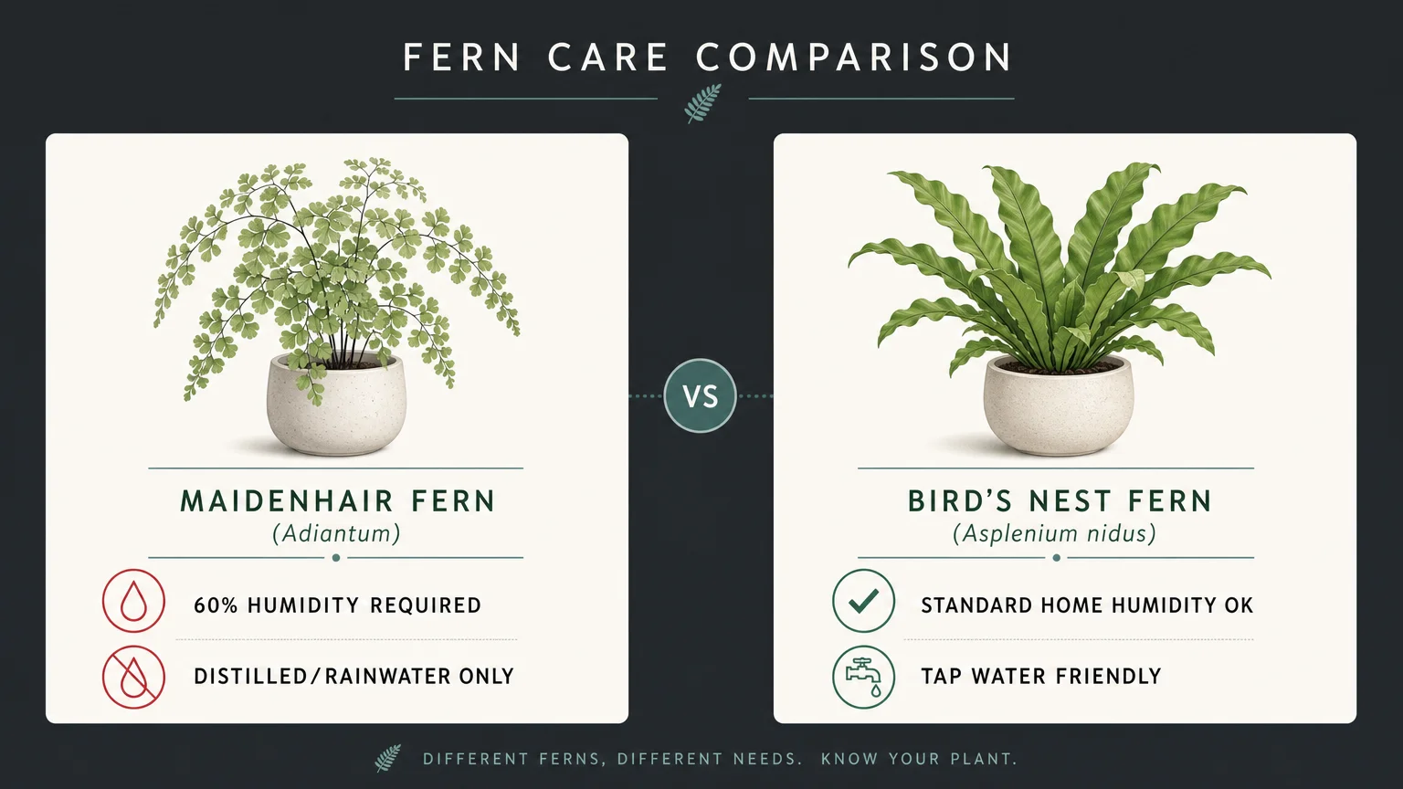 An editorial infographic diagram comparing the high-maintenance needs of the Maidenhair Fern to the easy Bird's Nest Fern.