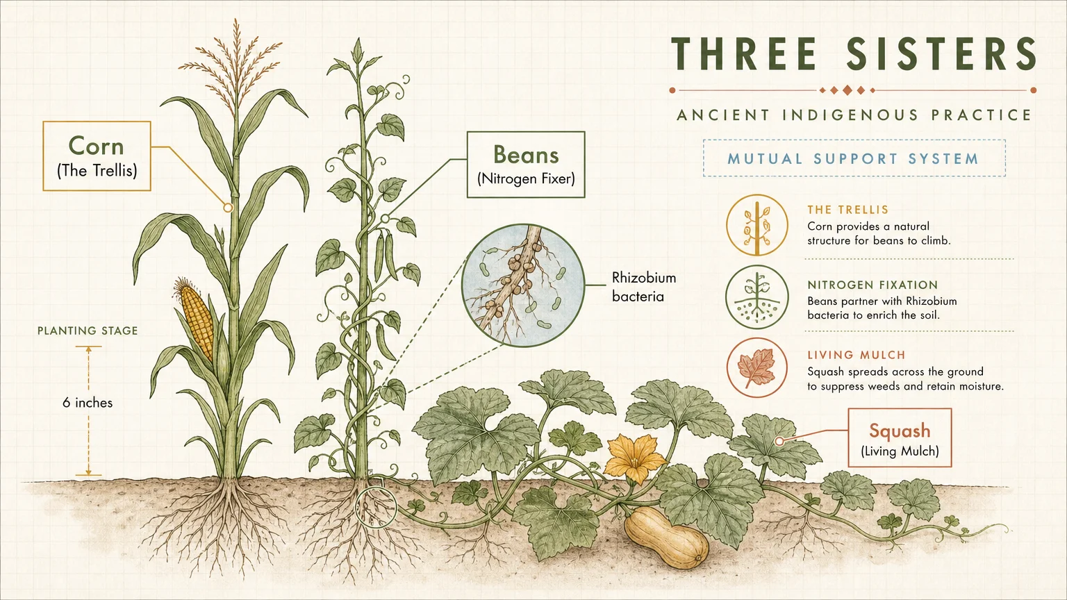 An educational diagram showing how corn, beans, and squash grow together, with labels explaining the role of each plant.