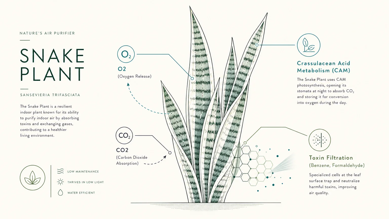 An elegant botanical diagram detailing how a Snake Plant filters toxins and releases oxygen.